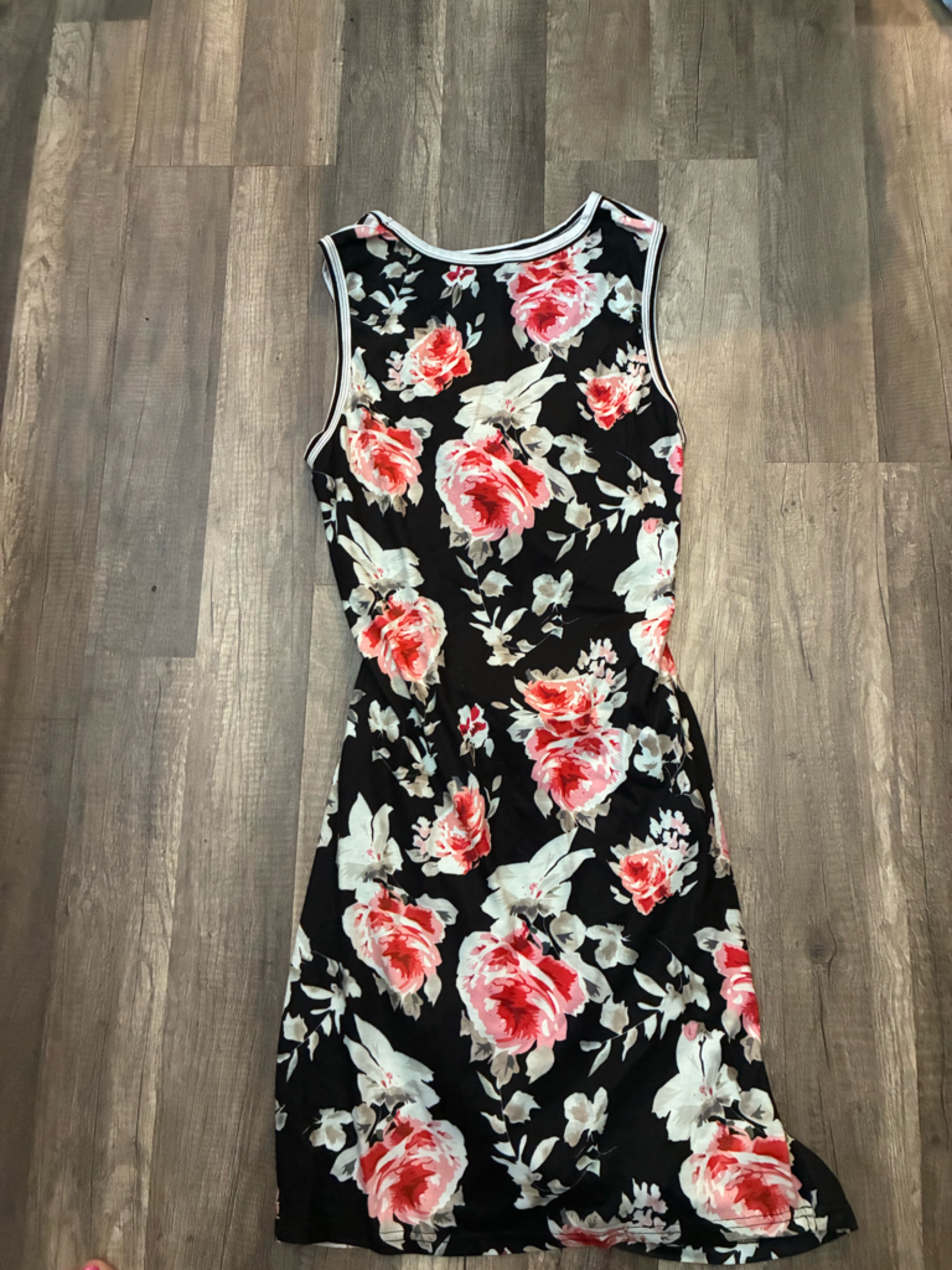 Floral Sleeveless Black Dress With Pink Rose Print